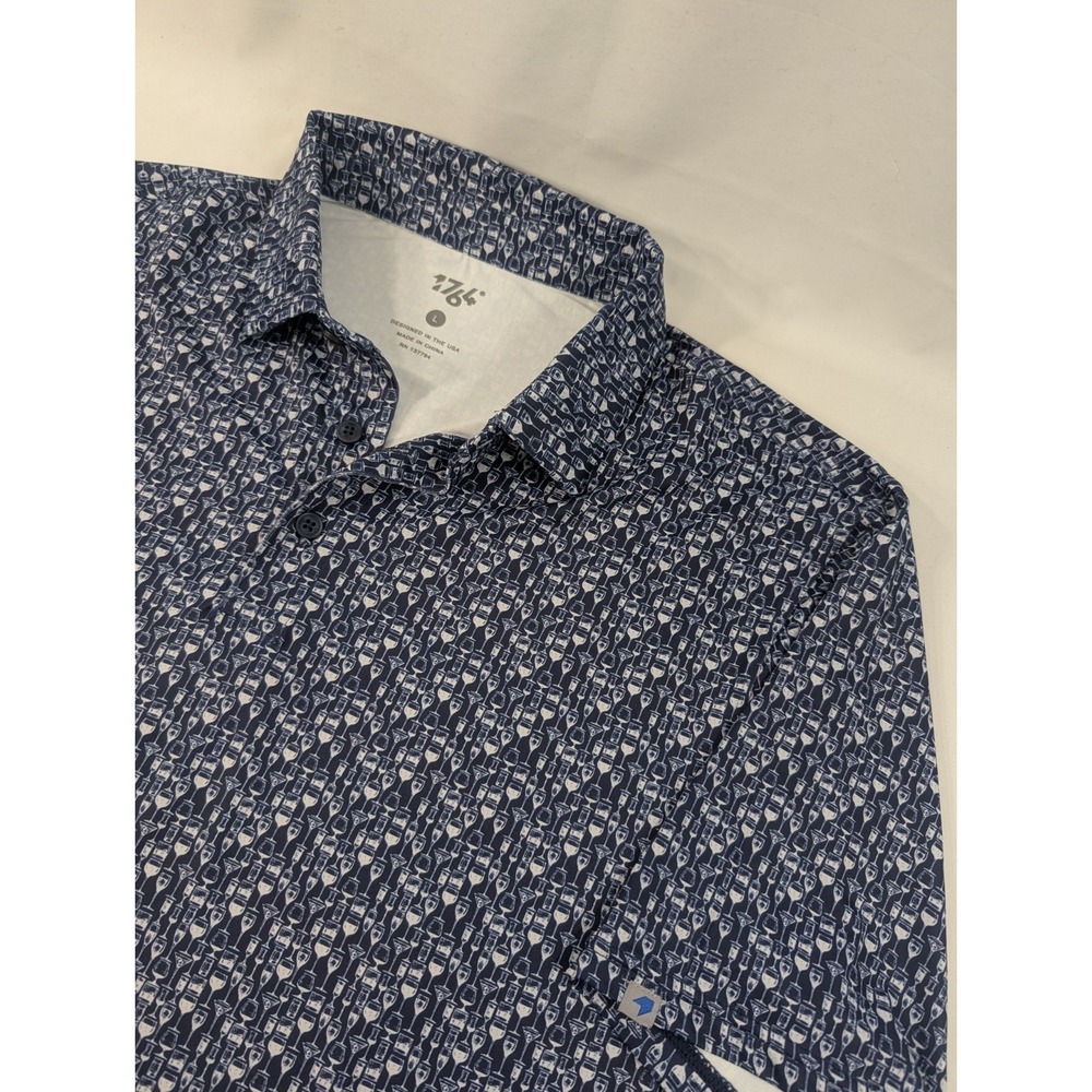 1764 Golf Polo Larg Blue Cocktail Print Drinks Glasses Performance Stretch Shirt